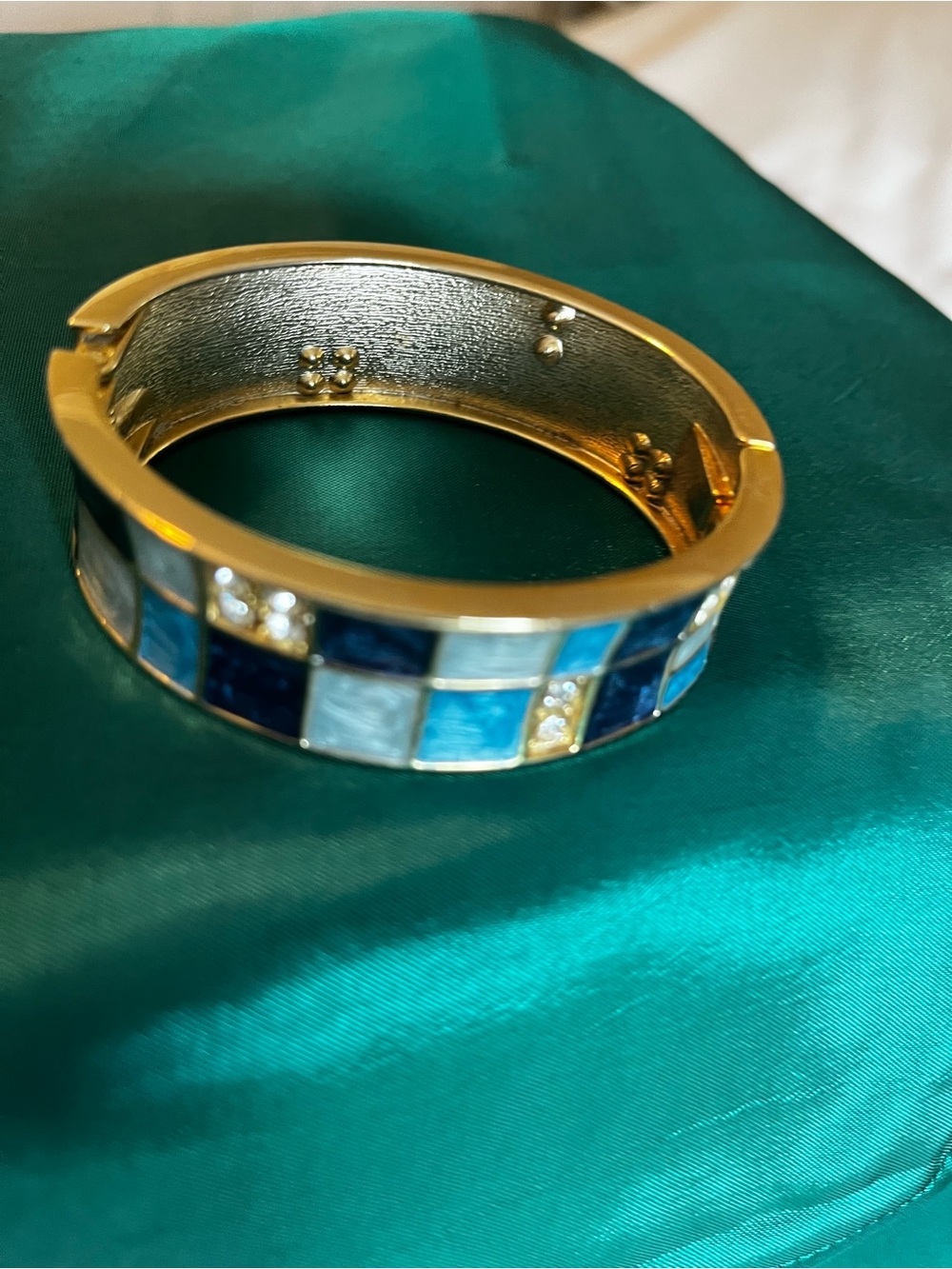 Gold Tone Blue Mosaic Tile Hinged Bracelet